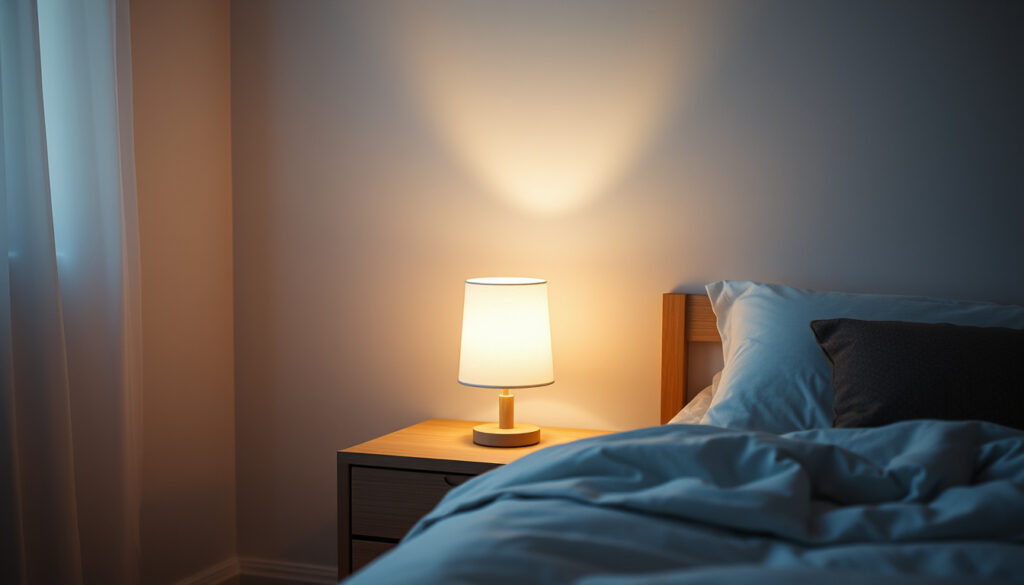 Matala paperinen pöytävalaisin hehkuu pehmeästi puisen yöpöydän päällä makuuhuoneen hämärässä valaistuksessa.