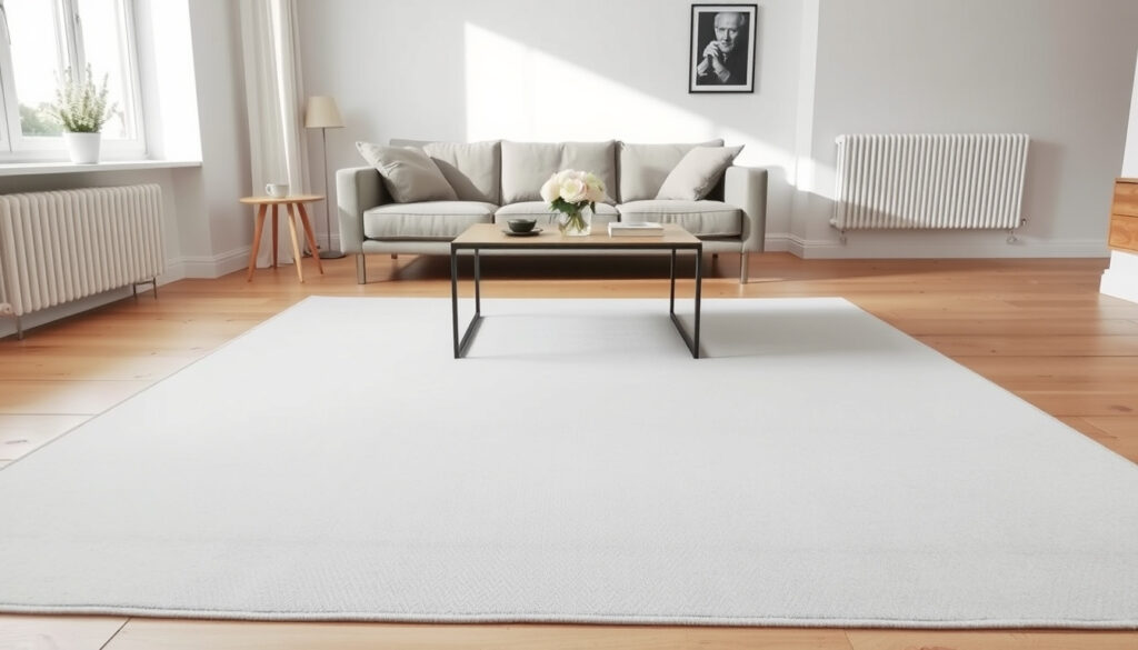 Vaaleanharmaa suorakulmainen 200x300 cm matto olohuoneen lattialla sofan ja pöydän alla, lämmityspatteri seinässä.