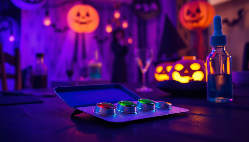 Juhlakattauksella aseteltu halloween-teemainen pöytä, jossa pieni linssejä sisältävä kupla on auki ja jotkut vieraat ovat UV-valaistuiksi pukeutuneet halloween-asuihin.