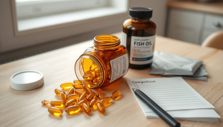 Apteekin tiskillä avattu purkki läpinäkyviä omega-3-kalaöljykapseleita, viereen on jätetty vertailumuistilappu ja tuotepakkauksia ilman tunnistettavia merkkejä.