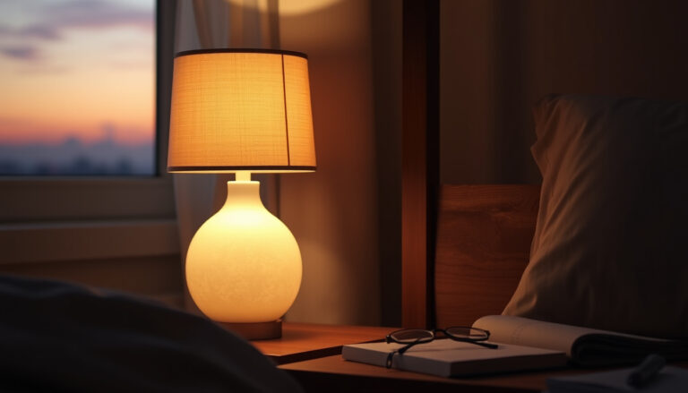 Kangasvarjostimella varustettu pöytävalaisin hehkuu pehmeästi yöpöydällä sängyn vieressä, kirja ja lasit pöydällä.