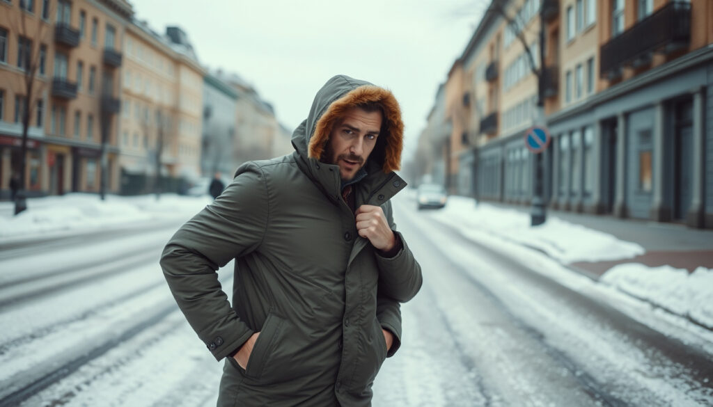 Mies pukee paksua toppaparkaa päälleensä talvisella kaupunginkadulla lumisateen jäljessä.