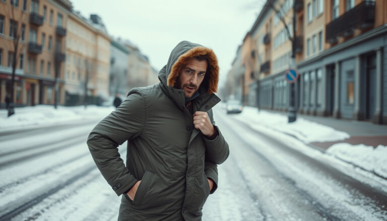 Mies pukee paksua toppaparkaa päälleensä talvisella kaupunginkadulla lumisateen jäljessä.