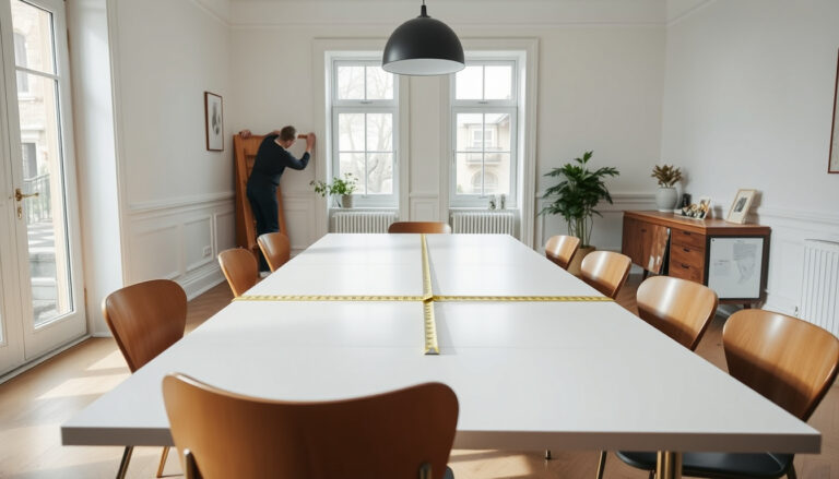Valoisa ruokailuhuone, jossa tilava 160 cm pitkä suorakulmainen pöytä tuoleineen ja mittanauha pöydän päällä mittauksen tueksi.