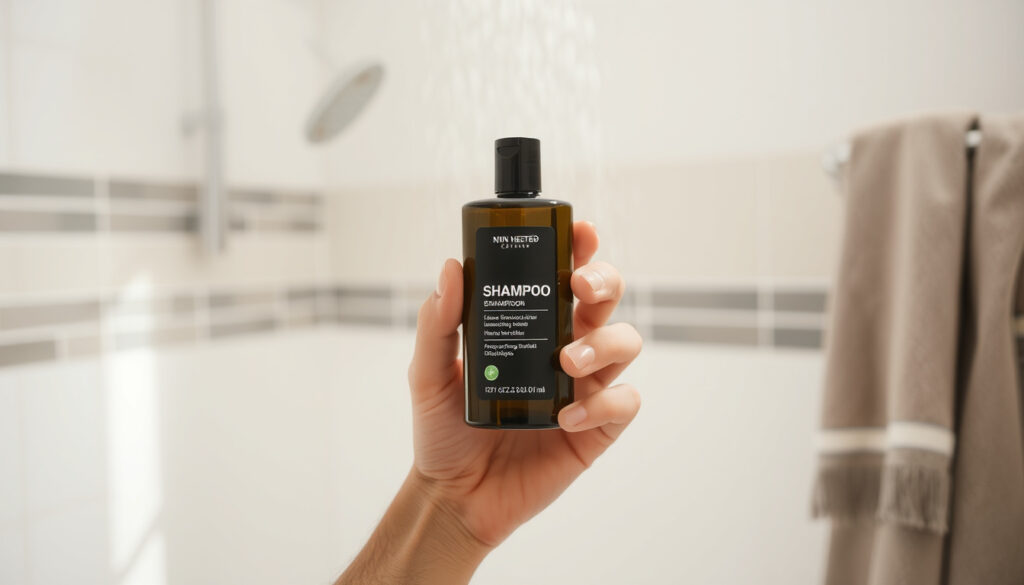 Suihkukaapissa miesten shampoo-pullo kämmenellä hiustenpesuhetkellä, lauteet sumussa taustalla.