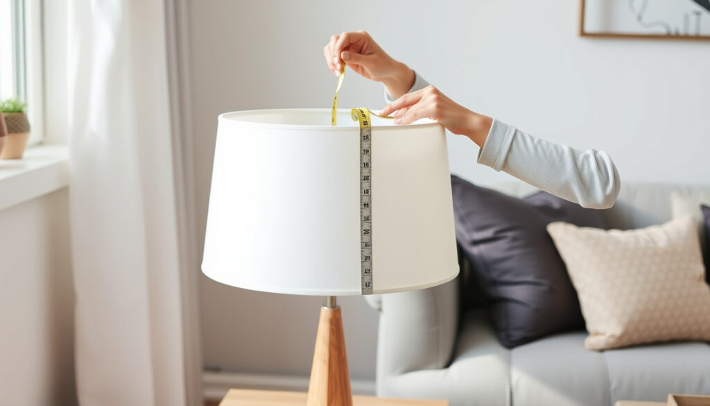 Henkilö mittaa valkoisen lampunvarjostimen reunoja mitanauhalla pöytälampun vieressä valoisassa olohuoneessa.