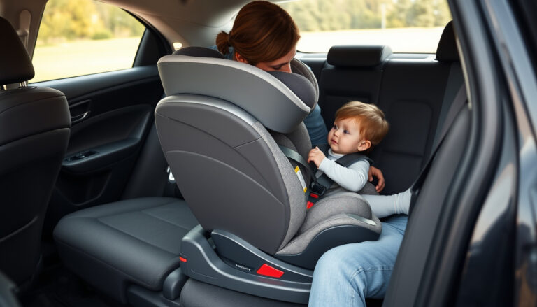 Kääntyvä selkä menosuuntaan asennettava ISOFIX-turvaistuin auton takapenkillä, istuin käännettynä ovea kohti ja aikuinen nostamassa pientä lasta istuimeen